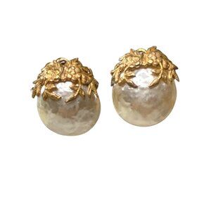 Miriam Haskell Earrings Baroque Faux Pearl Gilded Floral Clip-On Vintage